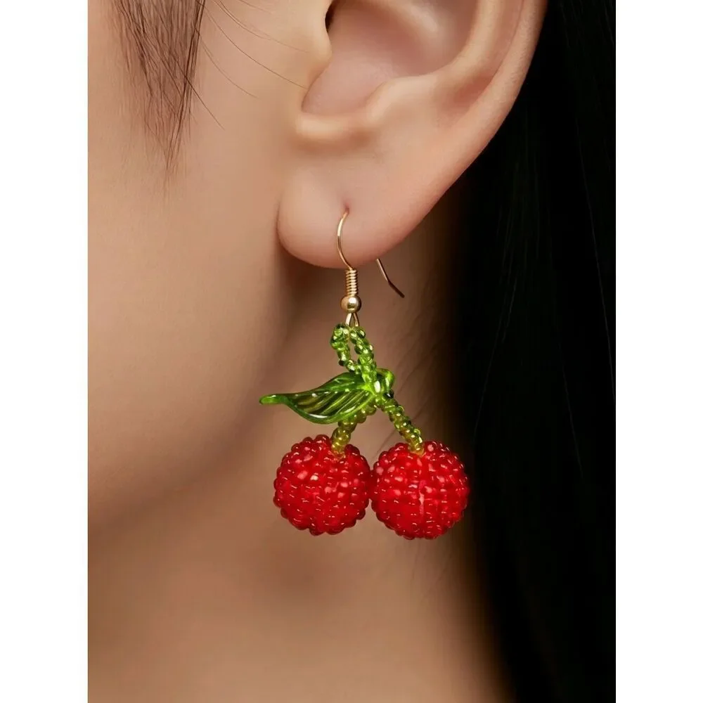 Beaded Cherry Dangle Earrings Handmade Look Fruit Statement Large Trendy Jewelry